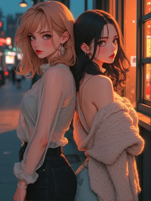 薄手のブラウスと厚手のニットの色っぽい女性がふたり - 夏服 vs 秋服