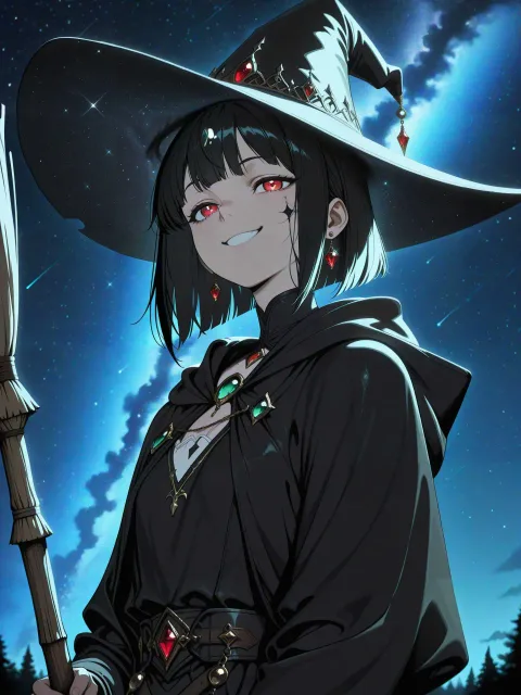 若い魔女の少女、バストアップ、上半身、とんがり帽子と黒マント