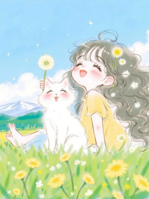原っぱの上で座る少女と猫、一面の青空
