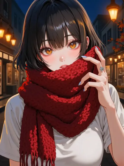 首に何重にも巻いた厚い臙脂のマフラーの色っぽい若い女の子