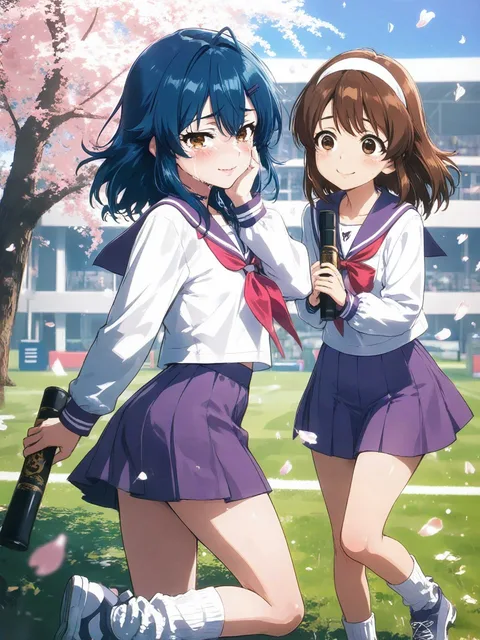 セーラー服卒業生と桜…紫