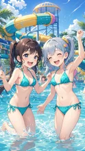 お揃いの水着でプールを満喫する二人