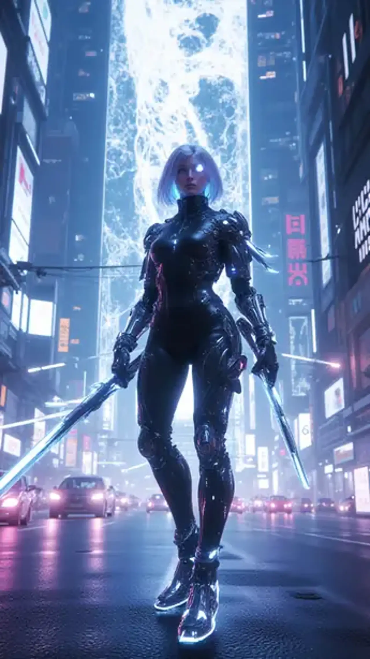As silver blades slice through data streams, the nano-mech f…