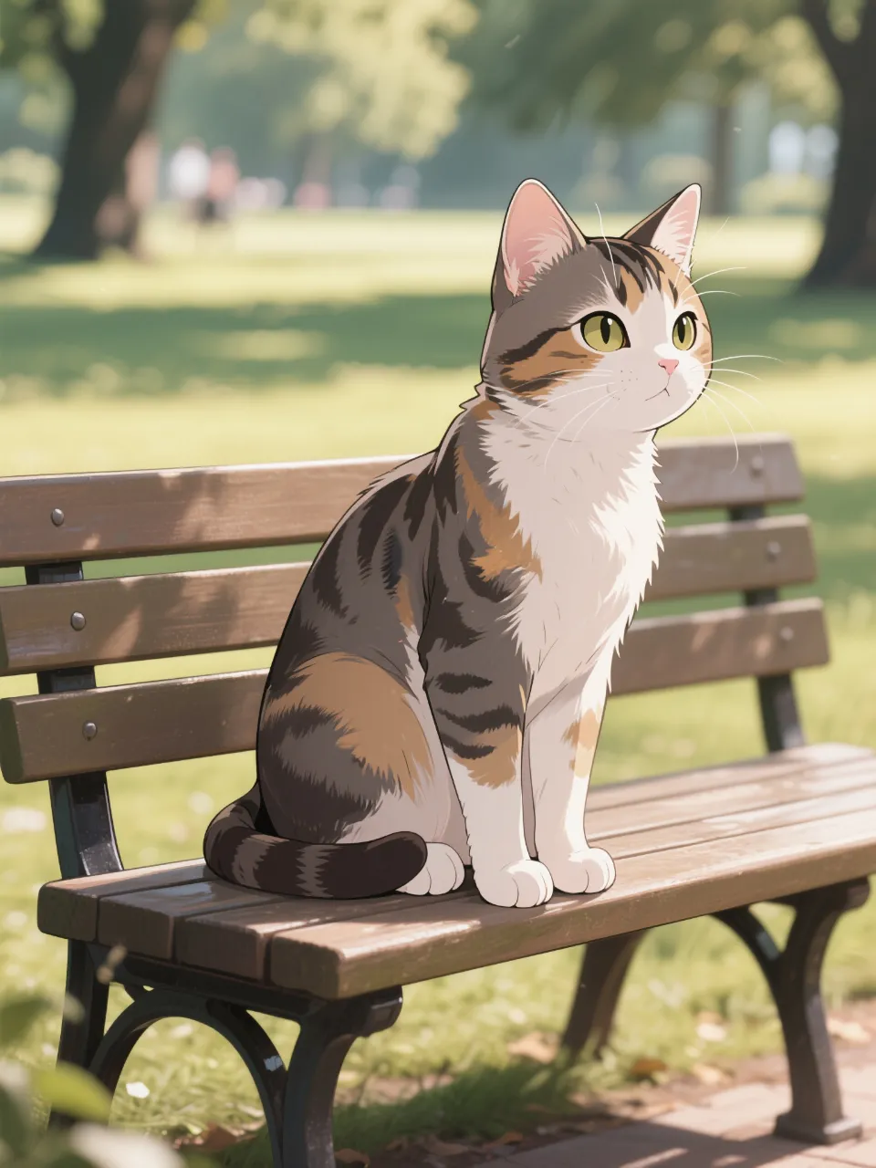 公園のベンチにすわる猫