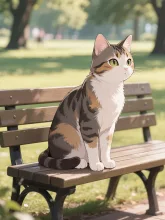 公園のベンチにすわる猫