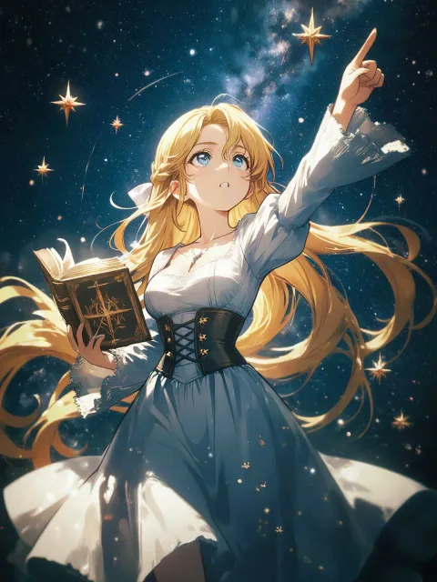 1girl、pointing at sky - 星読みの魔女