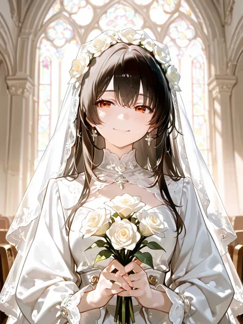 きちんとした服装、長いレースのベールをかぶった花嫁姿の少女
