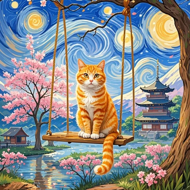 ブランコに座っている猫、ゴッホの抽象画風