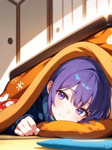 こたつの中に入ってる あったかそうな顔をしている - こたつ vs 暖炉