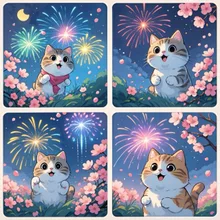 4コマの絵、子猫、花火、桜満開 🐱🌸