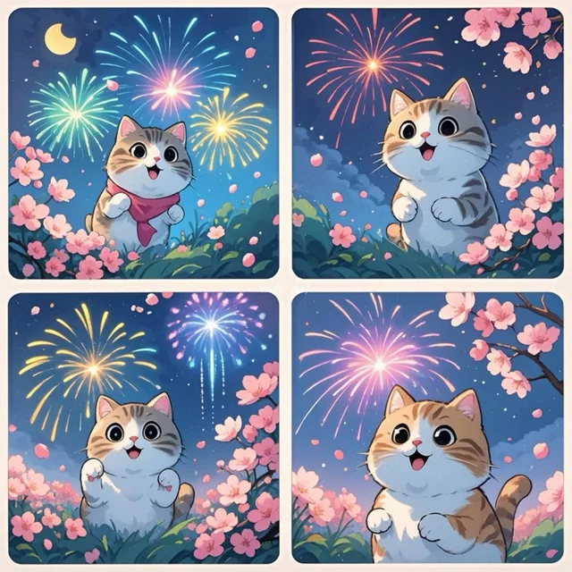 4コマの絵、子猫、花火、桜満開 🐱🌸