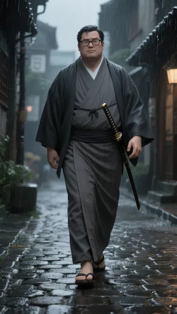眼鏡をかけた男、やや肥満、袴を着ている、雨の石畳 - 侍