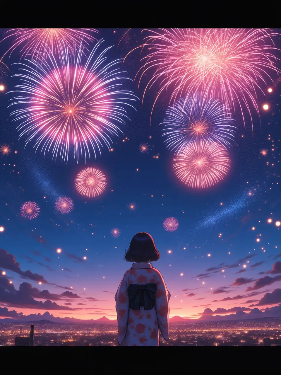 打ち上げ花火と浴衣の少女