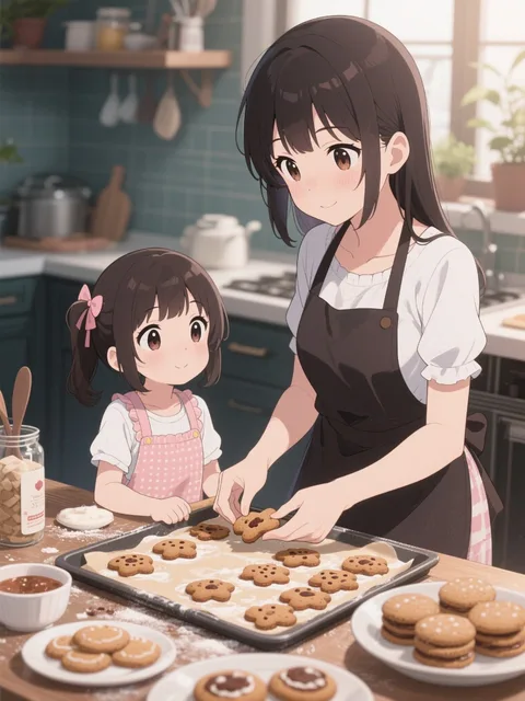 幼い妹とクッキーを焼くお姉ちゃん