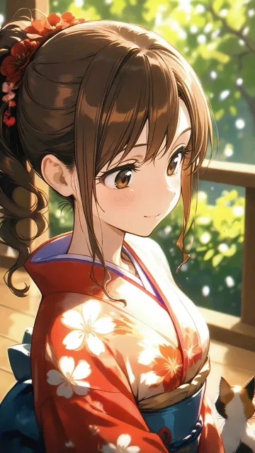 着物の美女、茶色の長い髪、ポニーテール、茶色の瞳、上半身
