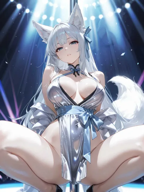 一個白色狐狸獸娘美女沒穿衣服 身上只有用幾條淡藍色彩帶遮住…