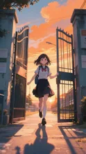 夕焼けの校門　解放の瞬間