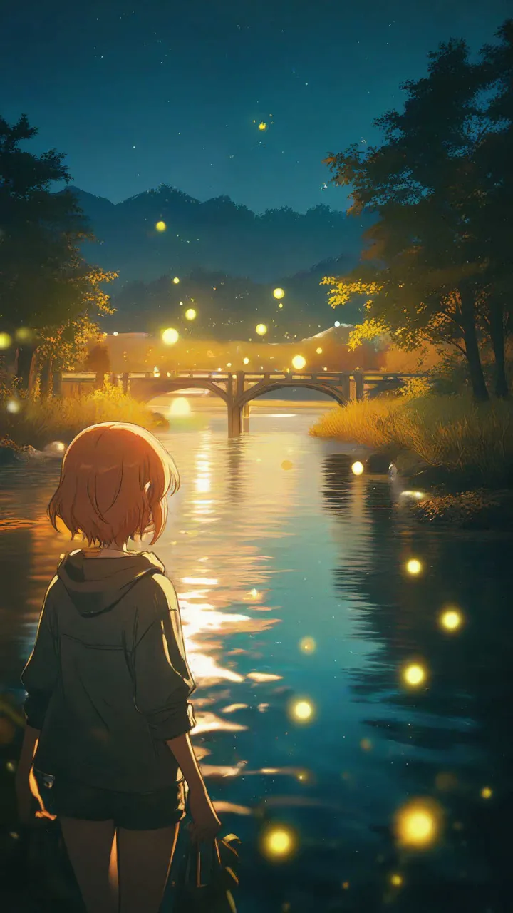 幻月の再光プロ, イラスト, アニメ風 - 蛍舞う水辺 / ショウ
