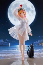 白いワンピースで夜の浜辺にやって来た…パンク娘と黒ニャンコ…フィギュア…橙