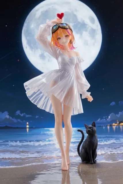 白いワンピースで夜の浜辺にやって来た…パンク娘と黒ニャンコ…フィギュア…橙