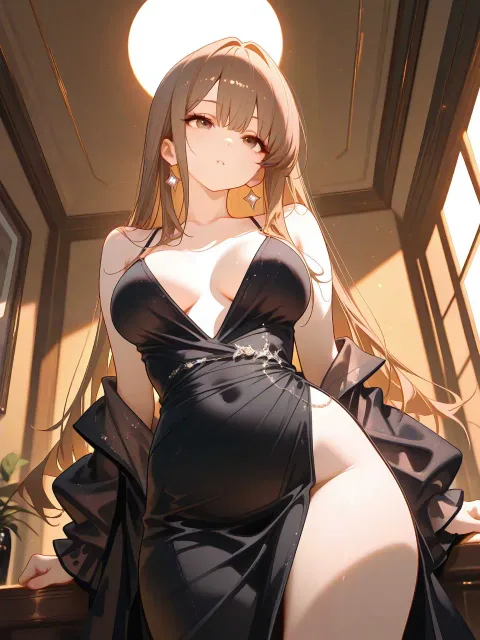 黒ドレスの成年女性、夜景のラウンジ