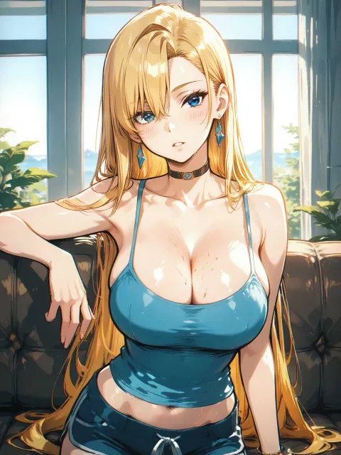 金髪ギャル、胸が大きい、キャミソールにホットパンツ