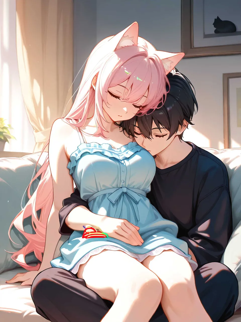 人の膝をベッド代わりにする猫娘ｻﾝと動けなくなって内心焦る主人 — 放つ光（物理）さんのAIイラスト