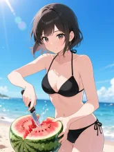 スイカと夏の女性