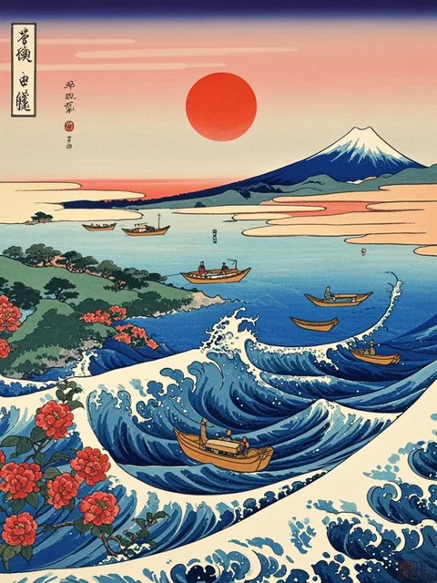 Ukiyo-e style waves on the sea