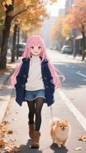 ピンク髪娘💕愛犬とお散歩中❤️