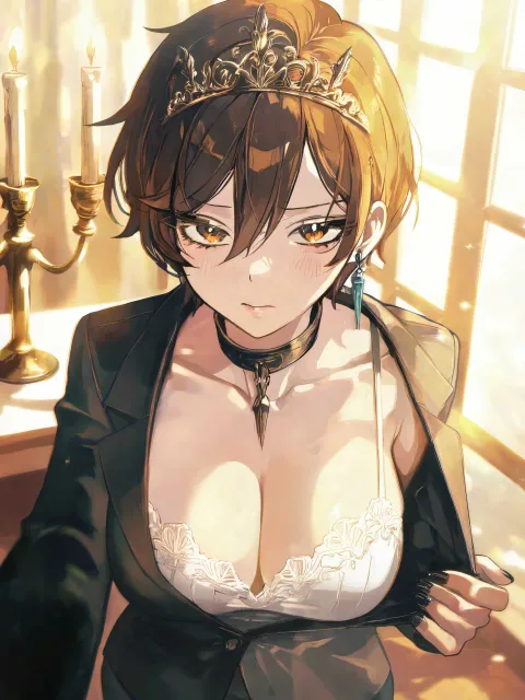 下に白いキャミソールを着て襟を深く開けた黒いシャツの色っぽい…