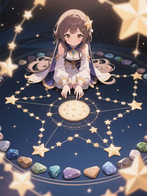 星座の形に並べられた星の石に、未来の希望を感じる占い師の少女
