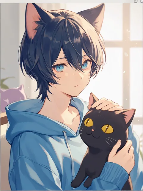 白髪短髪青の猫耳付きフードパーカー黒猫人形持ってる男の子