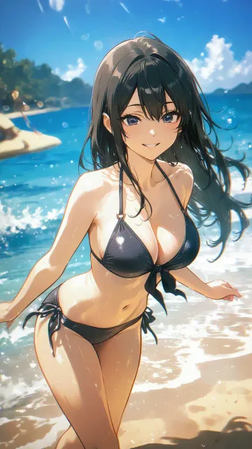黒髪ロング、信じられない程美人、微笑み - 初夏の海辺さんぽ