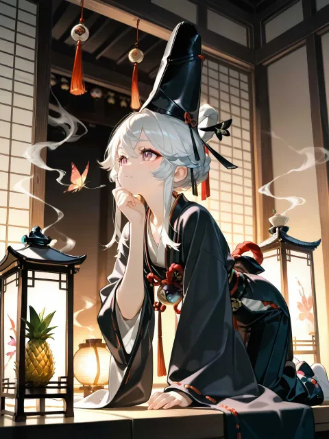 黒い立烏帽子をかぶり顎で紐を結んだ陰陽師、灯明の並ぶ社殿の中