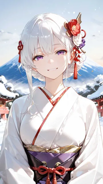 雪の白と藍色の着物をきちんと着た富士山の化身の成年女性