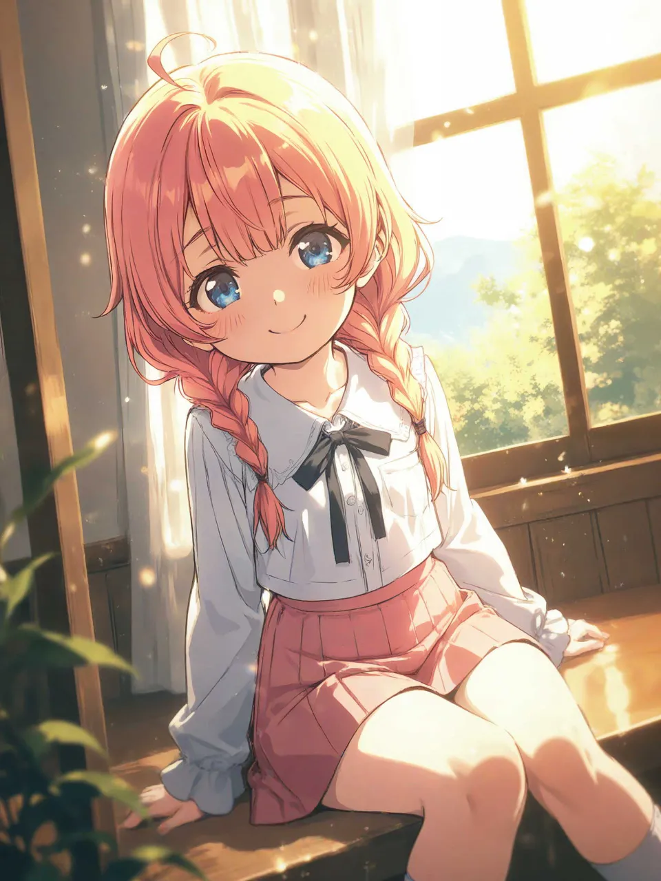窓辺に座る三つ編みの少女