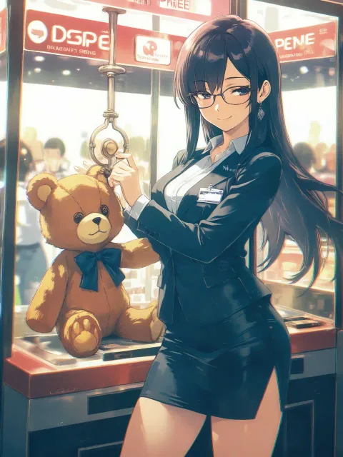 ゲーセンの眼鏡っ娘OL、夢中で狙う景品ゲット