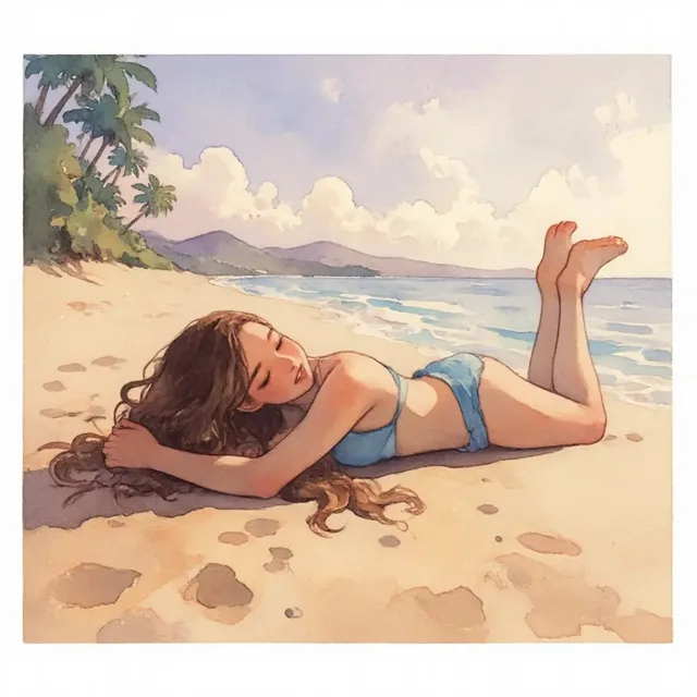 浜辺でくつろぐビキニ美女