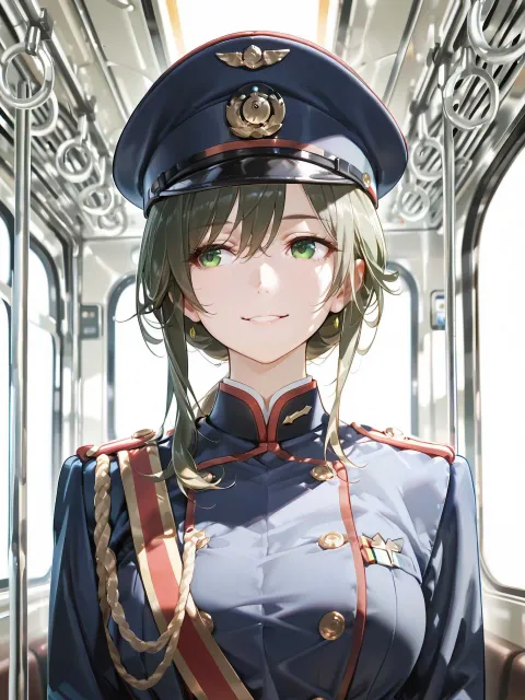 きちんとした服装、紺色の車掌の制服と制帽の成年女性
