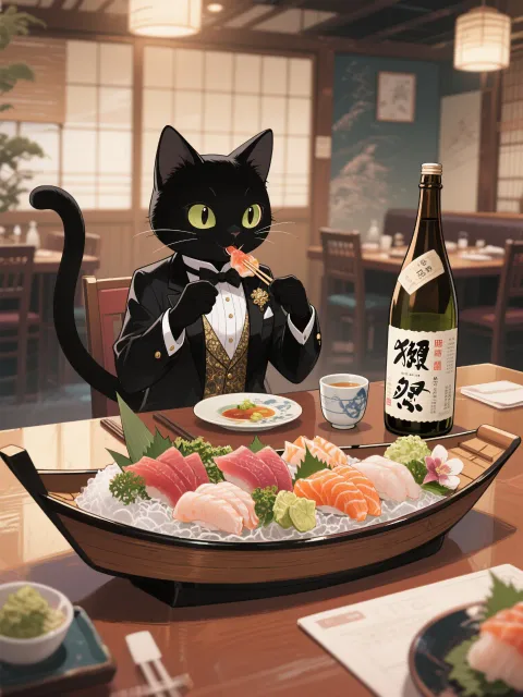 アニメイラスト風、高級料亭で新鮮な魚の活き造りを食べる