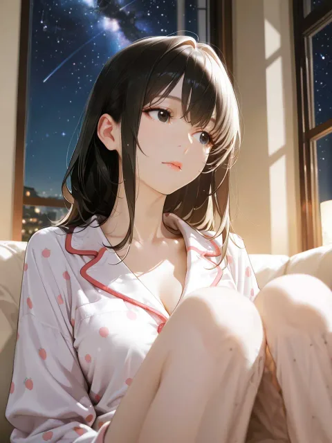 夜ふかしの色っぽい成年女性、夜の窓際のリビング