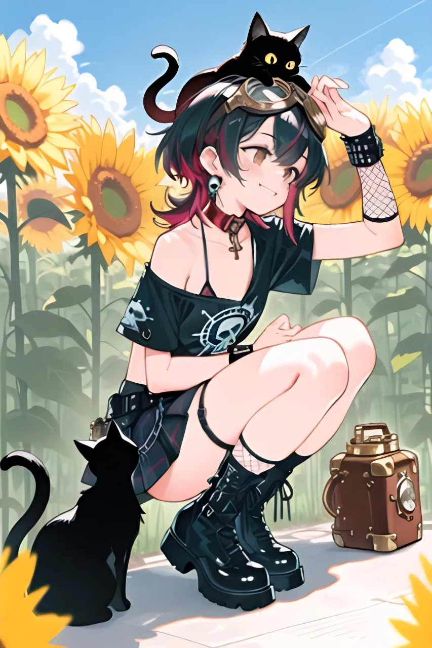 向日葵畑にやって来た…パンク娘と黒ニャンコ…黒