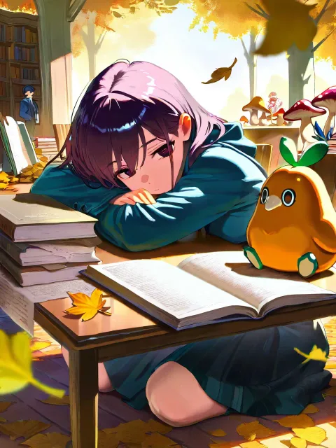 静かな図書室、テーブルの上に大きく豪華な本が開かれている