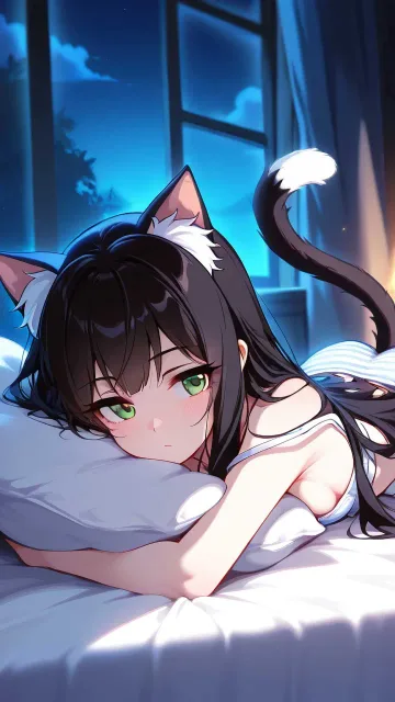 プリンセスコネクト、キャル、小さい胸、緑の瞳、黒髪ロング - 猫娘