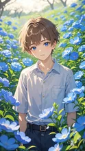 青色の花に立つ男の子 — 凪珠さんのAIイラスト
