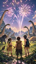 恐竜時代に花火を見る原始人