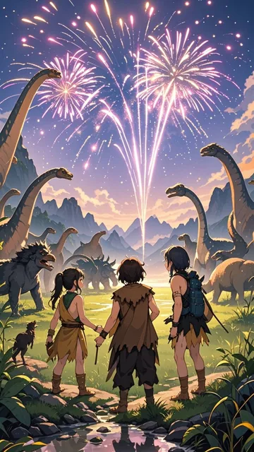 恐竜時代に花火を見る原始人