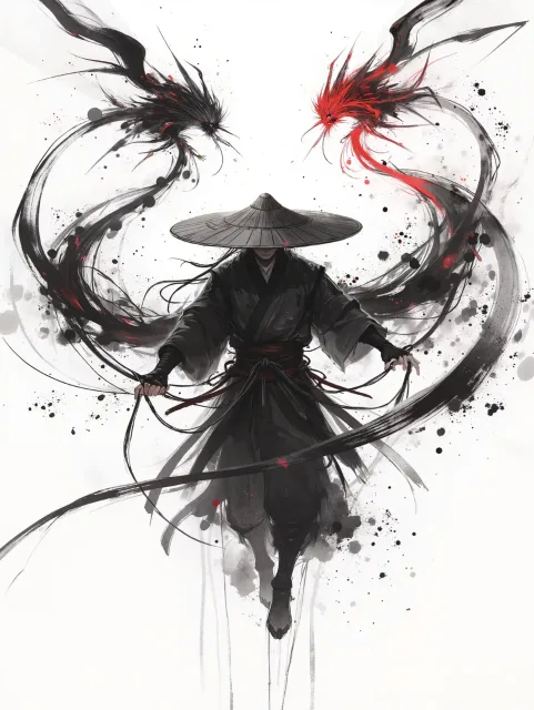 黒い立烏帽子をかぶり顎で紐を結んだ陰陽師、回転する陰陽師