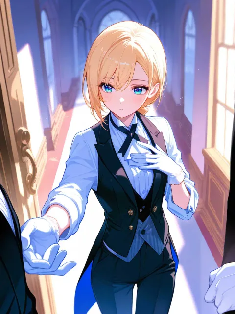 女執事、女の子、ベスト、燕尾服、白手袋、屋敷の玄関